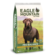 Victor Eagle Mountain Pro Balance Dog Food. Green pet food bag. Large brown dog.