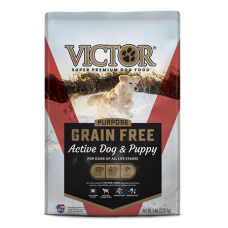 Victor Grain-Free Active Dog and Puppy Dry Food. Colorful pet food bag.