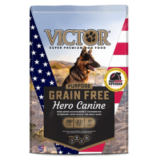Victor Grain Free Hero Canine Dry Dog Food. Colorful, patriotic pet food bag. German Shepherd dog.