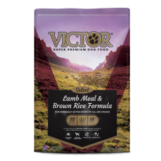 Victor Select Lamb Meal & Brown Rice Formula Dry Dog Food. Colorful purple pet food bag.