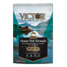 Victor Select Ocean Fish Formula with Salmon Dry Dog Food. Colorful teal pet food bag.
