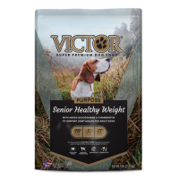 Victor Senior Healthy Weight Dry Dog Food. Colorful pet food bag.