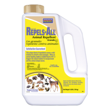 Bonide Repels-All Animal Repellent Granules. White plastic jug container. Yellow product label.