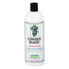 Cowboy Magic Rosewater Pet Conditioner. White plastic bottle with black cap. Equine and dog grooming product. 