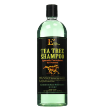 E3 Elite Grooming Tea Tree Shampoo for Horses. Clear plastic bottle with black cap. Pet grooming product.