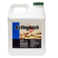 Extinguish Plus Fire Ant Bait. White plastic jug container. Green cap. Colorful product label for insecticide. 