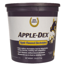 Horse Health Apple-Dex Electrolytes Horse Supplement. Brown and tan tub. Equine supplement.