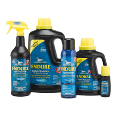 Farnam Endure Sweat Resistant Fly Spray. Multi sized black containers. Insect repellent products for horses.