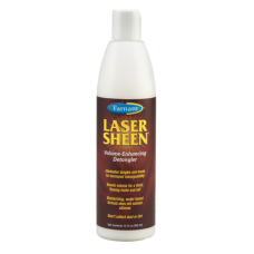 Farnam Laser Sheen Volume-Enhancing Detangler. White plastic bottle. Red equine product label.