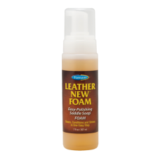 Farnam Leather New Foam Cleaner Polish. Clear plastic bottle. Dark leather care product label.