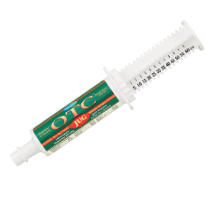 Farnam OTC Jug Electrolytes and Vitamins. White plastic syringe. Green product label. Horse supplement.