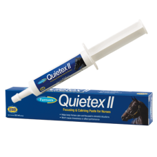 Farnam Quietex II Paste. White syringe. Blue horse health product label.