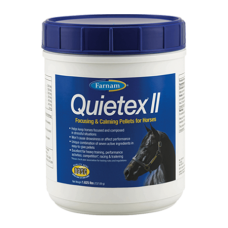 Farnam Quietex II Pellets. White plastic jar container. Blue lid. Blue equine health product label.