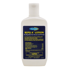 Farnam Repel-X Lotion. White plastic bottle. Blue product label.