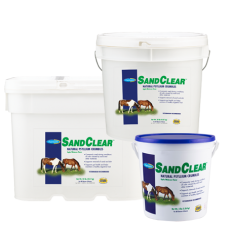 Farnam SandClear Natural Psyllium Crumbles. Three white plastic containers. Horse digestive health product.