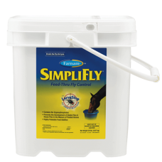 Farnam SimpliFly with LarvaStop. White pail container. Blue and yellow product label. Equine fly control product. 