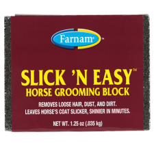 Farnam Slick ‘N Easy Horse Grooming Block. Burgundy box with yellow lettering.