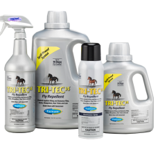 Farnam Tri-Tech 14 Fly Repellent. Group of plastic silver products containers.