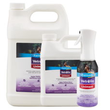 Farnam Vetrolin Liniment. Product group. White containers with color labels. Horse care product.