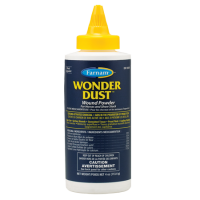 Farnam Wonder Dust Horse Wound Care Powder. White plastic bottle. Yellow cone shaped cap. Horse care product.