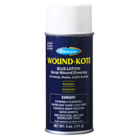 Farnam Wound-Kote Horse Wound Care Spray. Blue spray can. White cap. Spray wound care for horses.