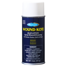 Farnam Wound-Kote Horse Wound Care Spray. Blue spray can. White cap. Spray wound care for horses.