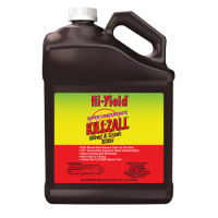 Hi-Yield Killzall Super Concentrate Weed & Grass Killer. Brown jug container. Colorful product label. Herbicide for weeds and grass.