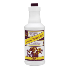 Horse Health Canine Red Cell. White bottle. Red and yellow product label. A liquid vitamin iron and mineral supplement for dogs.