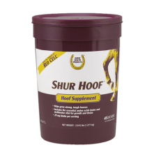 Horse Health Shur Hoof Pellets. Brown plastic container. Equine hoof care product.