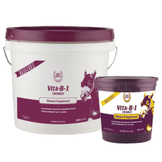 Horse Health Vita B-1 Crumbles. Product group. Plastic tubs. Equine vitamin supplement in crumble form.