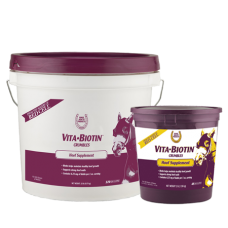 Horse Health Vita Biotin Crumbles. Product group. Red and white tubs. Equine vitamin supplements.