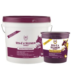 Horse Health Vita E & Selenium Crumbles. Product group. Red and white tubs. Equine vitamin supplement.