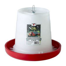 Little Giant 11lb Plastic Hanging Poultry Feeder. White plastic feed reservoir and red feeding tray base. Poultry feeder.