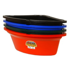 Little Giant 26qt Corner Feeder. Little Giant farm and ranch products. Triangle shaped plastic animal feeders.