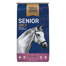 Triple Crown Senior Gold Horse Feed. Equine feed bag. White horse.