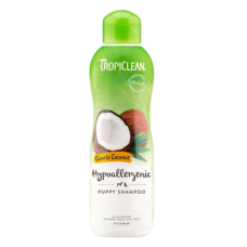 TropiClean Gentle Coconut Pet Shampoo. Green and white plastic bottle.