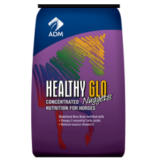 ADM Healthy Glo Nuggets. Supplement for horses. Blue and purple feed bag.