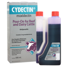 Bayer Cydectin Cattle Pour-On Dewormer. Plastic product container. For beef cattle.