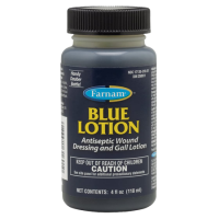 Farnam Blue Lotion. Frosted plastic bottle with black lid. Animal wellness product.