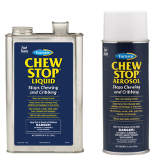 Farnam Chew Stop Chew Deterrent. Two containers with blue product labels. Horse health product.