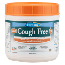 Farnam Cough Free Pellets. White plastic jar with orange lid. Horse health product.