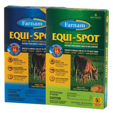 Farnam Equi-Spot Protection For Horses. Fly control for horses. Blue product box. Green Product box.