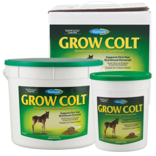 Farnam Grow Colt  Growth & Development Powdered Supplement. Three white plastic containers. Green product label. Horse supplement.