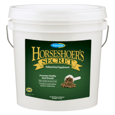 Farnam Horseshoer’s Secret Horse Pellet. Hoof care product. White plastic pail with green label.