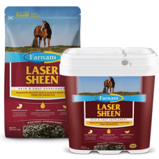 Farnam Laser Sheen Skin & Coat Supplement. Two red equine product containers.