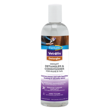 Farnam Vetrolin Detangler And Conditioner For Mane And Tail. Clear plastic bottle with color purple label. Grooming product for horses.