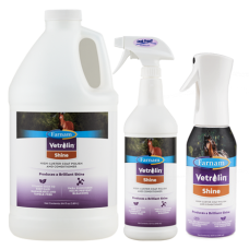 Farnam Vetrolin Shine Coat Polish and Conditioner. Product group. White containers with colorful product labels. Horse grooming products.