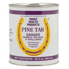 Horse Health Pine Tar. White can with purple and yellow product label. Helps prevent hoof cracking and splitting. 