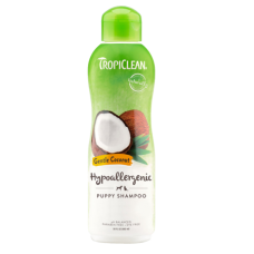 TropiClean Hypo-Allergenic Gentle Coconut Puppy & Kitten Shampoo. Green and white plastic bottle.