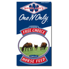 Wendland’s One ‘N Only Equine Total Mixed Ration. Blue and white feed bag. Brown horses.